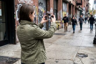 Jeune femme filmant une scène urbaine avec son smartphone avant d'intégrer une école de cinéma