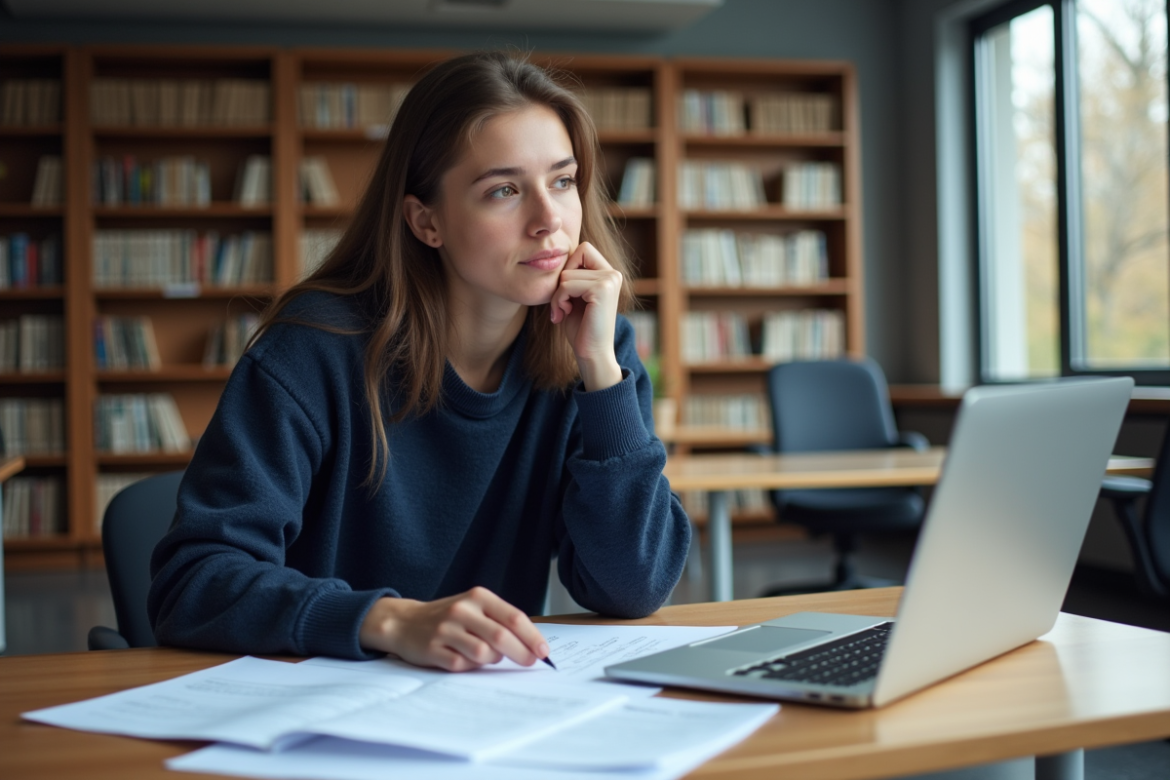 Jeune femme concentrée devant ses résultats Parcoursup à la bibliothèque