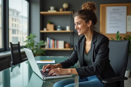 Jeune femme souriante travaillant sur son ordinateur dans un bureau moderne