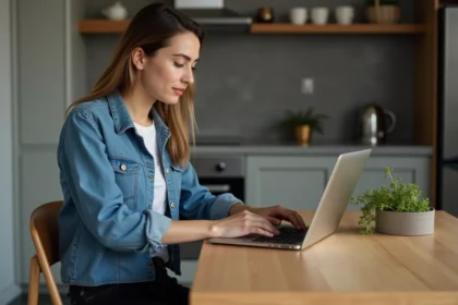 Jeune femme testant son QI sur un ordinateur dans la cuisine