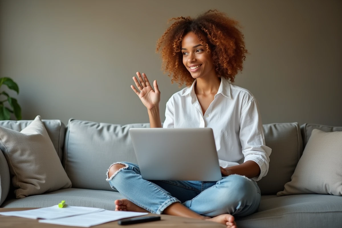 Jeune femme participant à une session de formation en visioconférence Afpa Metisse depuis son salon avec cours en ligne