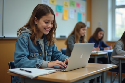 Jeune fille en hoodie utilisant un ordinateur dans une salle de classe
