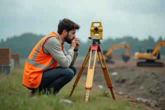 Jeune géomètre de 25 ans utilisant un tachéomètre sur un chantier de construction en plein air