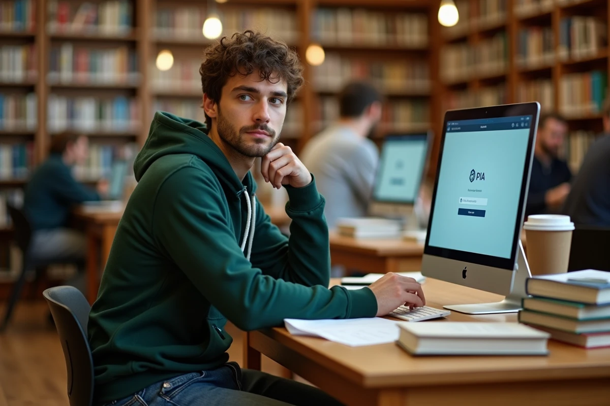 Jeune homme utilisant un ordinateur en bibliothèque municipale française pour récupérer l'accès à un compte PIA avec mot de passe oublié