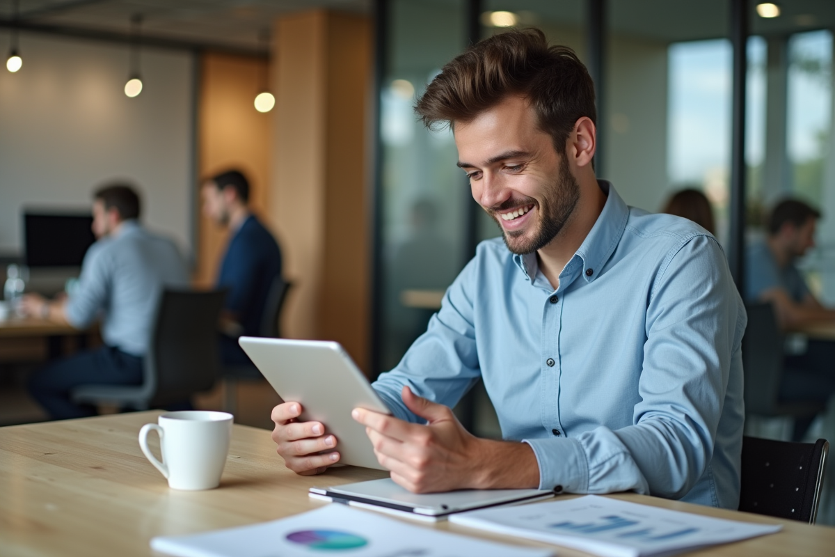 Jeune homme utilisant une tablette dans un espace de coworking
