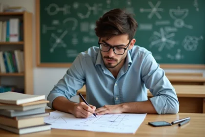 Jeune homme en classe dessinant des flèches et formules