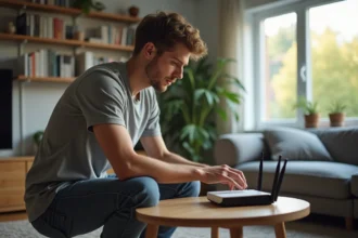 Jeune homme inspectant un routeur WiFi dans un salon moderne