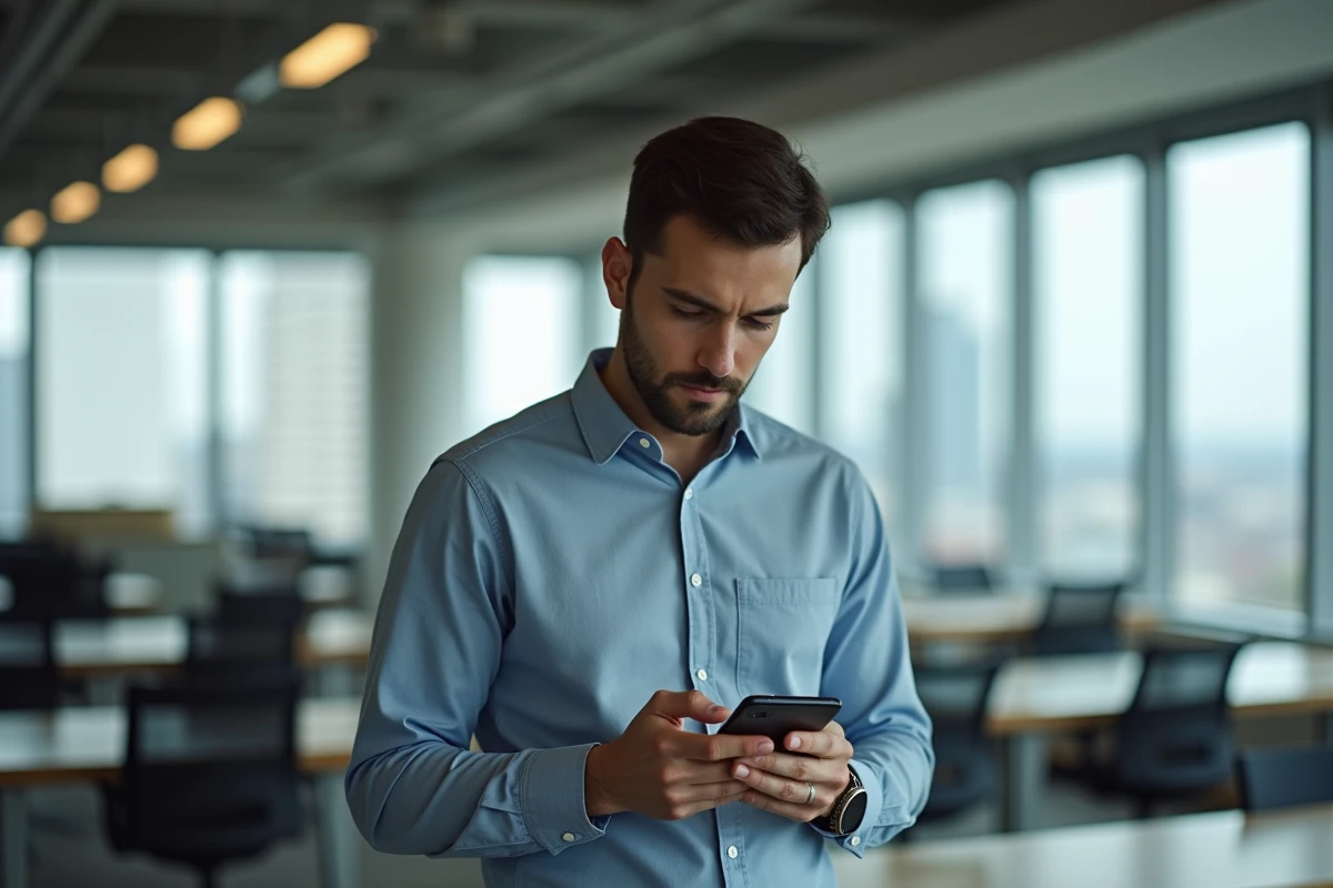 Jeune homme utilisant son smartphone pour gérer ses notifications dans un bureau moderne
