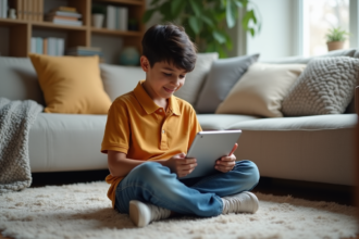 Jeune garçon sud-asiatique concentré sur une tablette dans un salon chaleureux