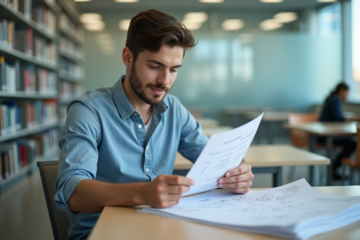 Jeune homme classant des documents scientifiques en bibliothèque