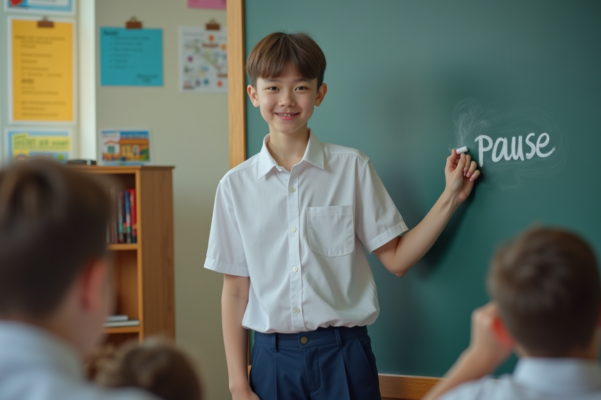 Lyceen écrivant pause au tableau en classe