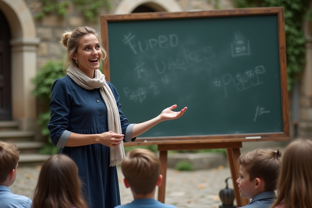 Jeune enseignante avec enfants dans une cour d