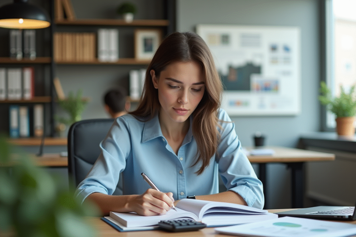 Jeune professionnel étudiant en comptabilite dans un bureau moderne