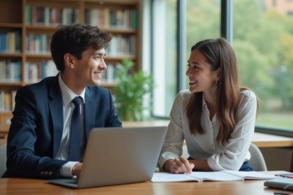 Jeunes adultes discutant à la bibliothèque universitaire
