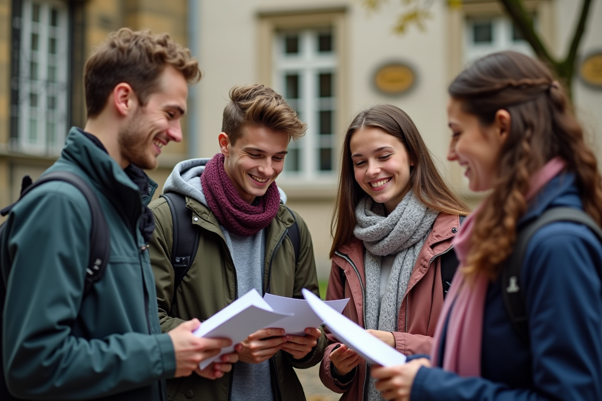 Groupe de lycéens discutant de leurs lettres Parcoursup dehors
