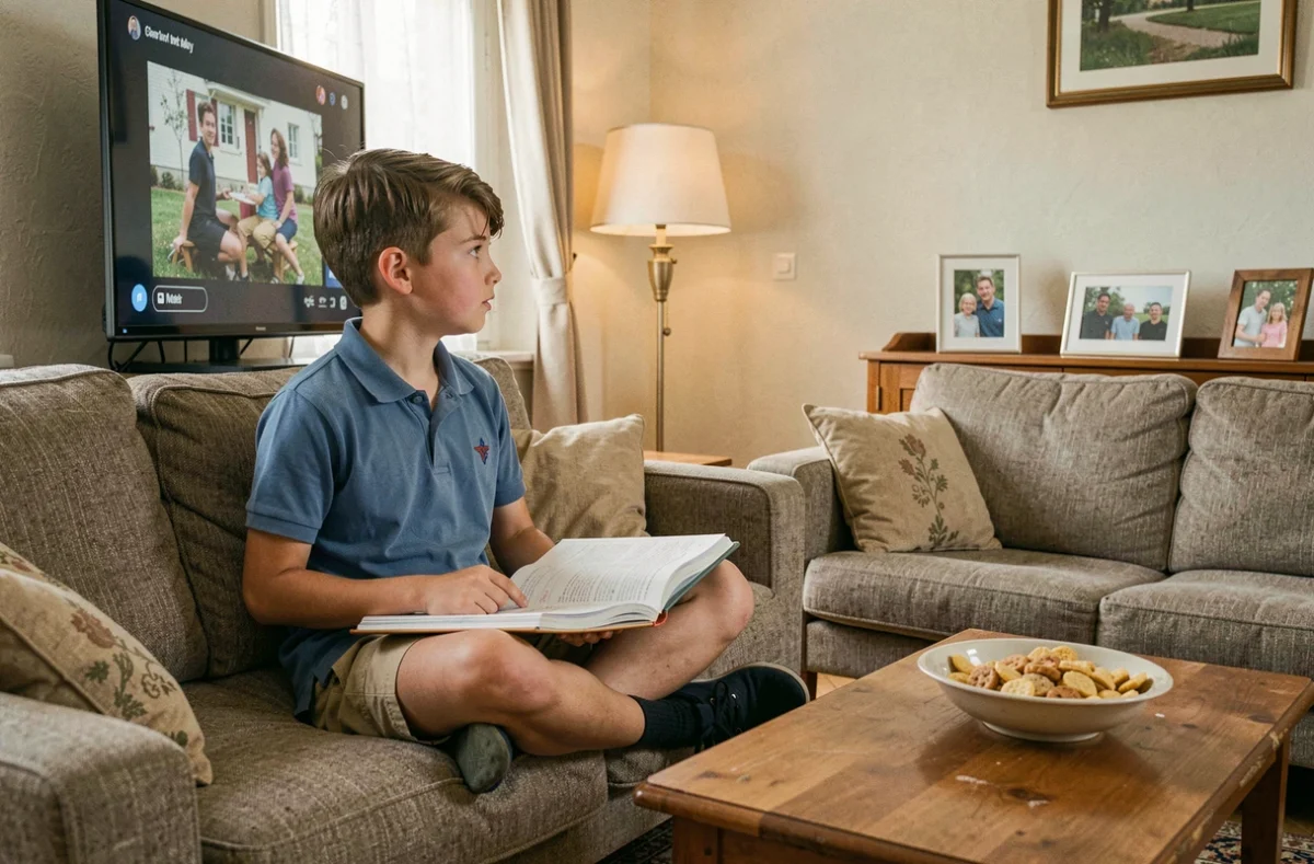 Collégien regardant une vidéo éducative sur la plateforme Lumni à la télévision depuis son salon, avec son cahier de cours ouvert sur les genoux.