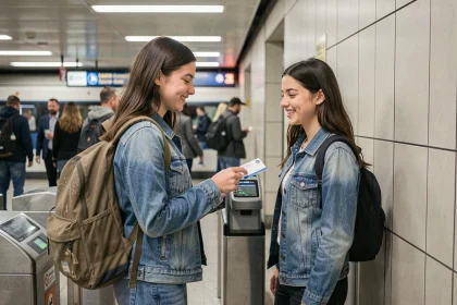Lycéenne utilisant sa carte étudiant pour passer les tourniquets du métro en ville