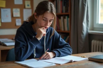 Lycéenne révisant la philosophie et les coefficients du bac 2026 à son bureau avec des notes manuscrites