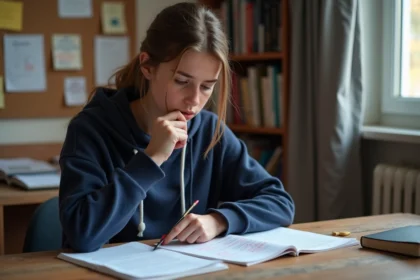 Lycéenne révisant la philosophie et les coefficients du bac 2026 à son bureau avec des notes manuscrites