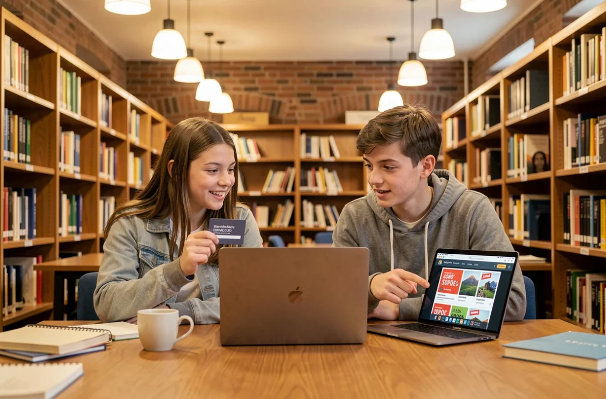 Deux lycéens découvrant les avantages et réductions de la carte étudiant sur un ordinateur portable en bibliothèque