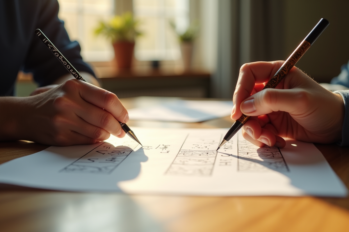 Mains écrivant des équations et peignant des motifs traditionnels côte à côte