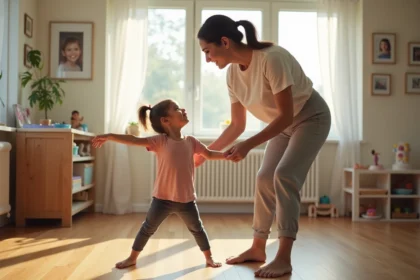 Femme et fille en danse dans un salon lumineux