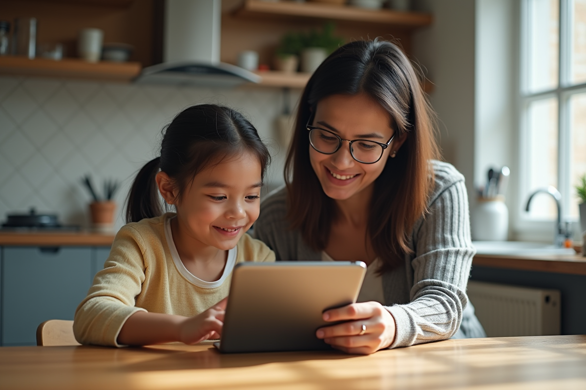 Maman sud-asiatique aidant sa fille avec une tablette dans la cuisine lumineuse