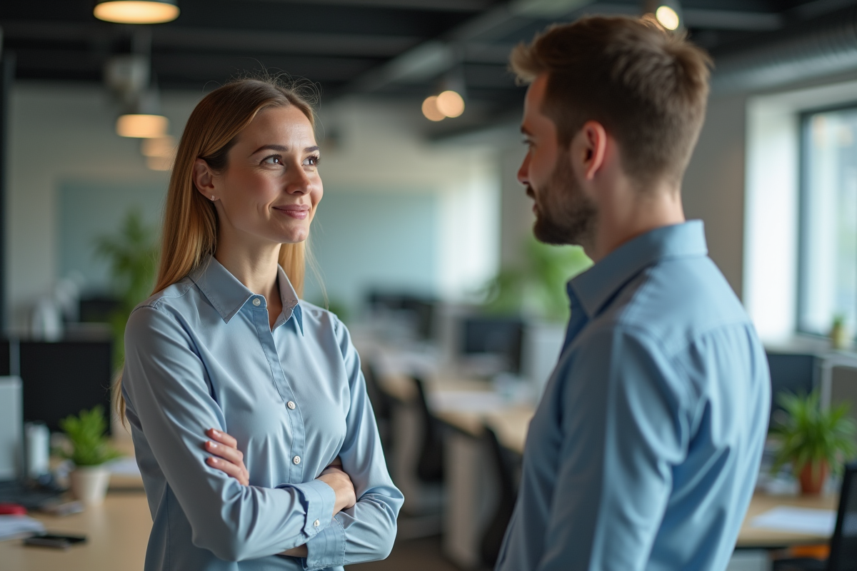 Manager en discussion avec un collègue dans un open space