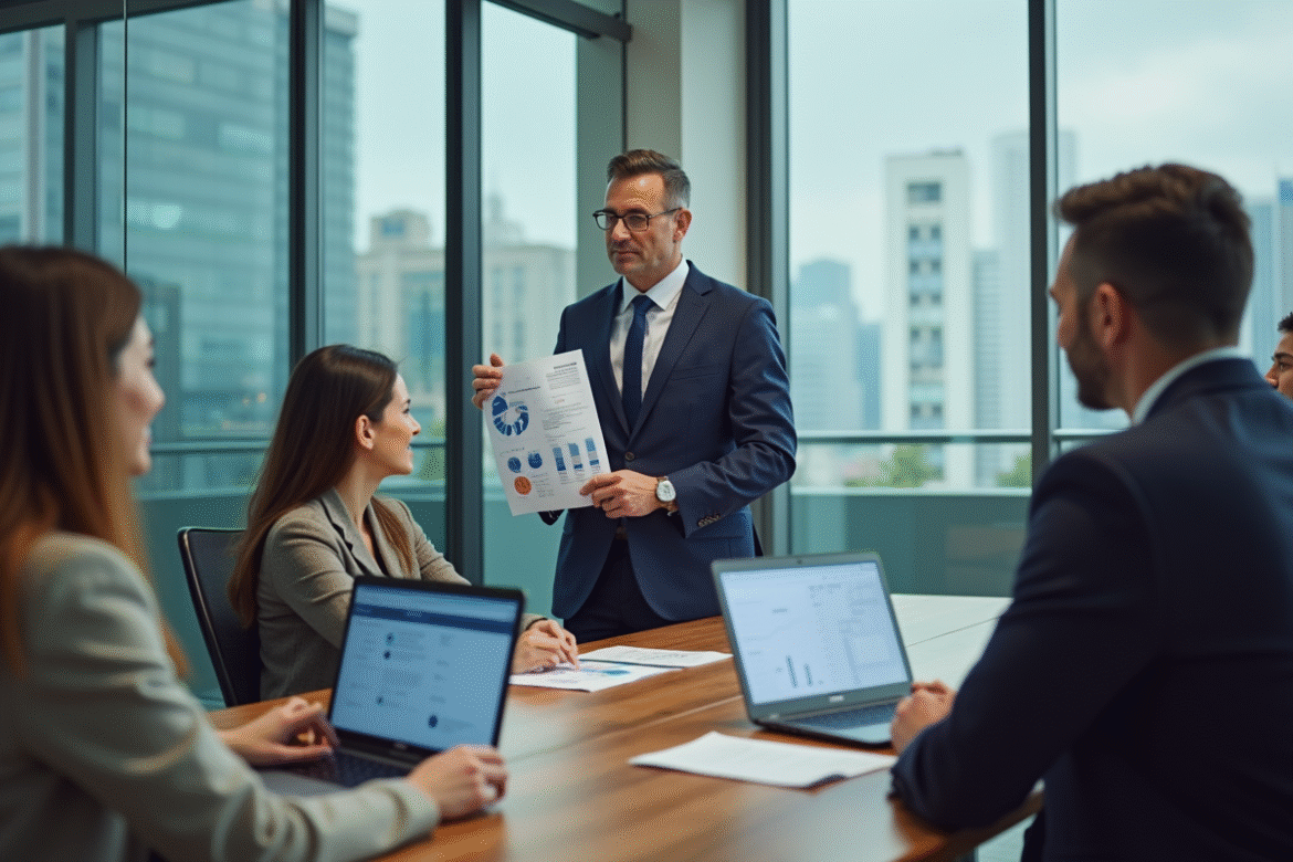 Manager en costume navy discute avec équipe dans bureau moderne
