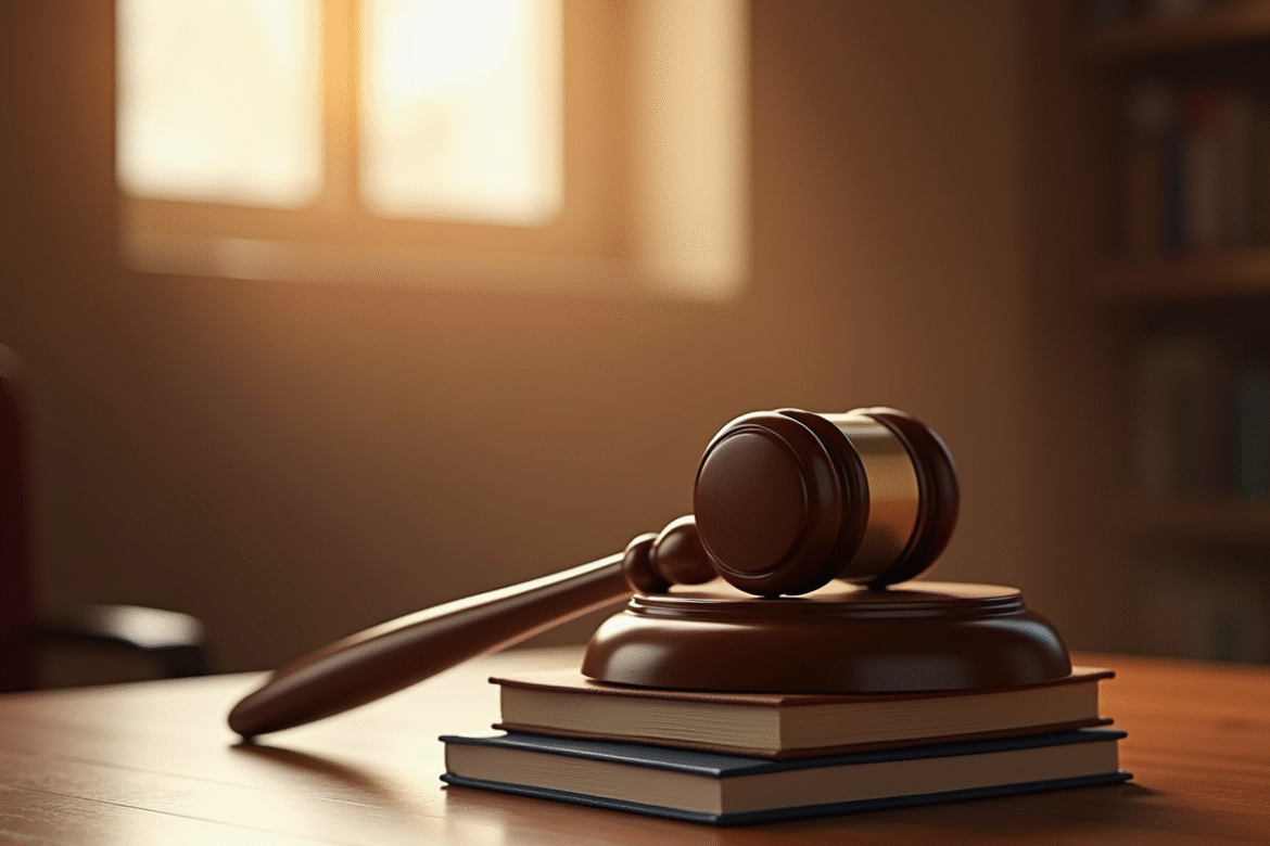 Marteau de justice sur des livres de droit avec lumière naturelle