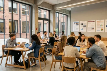 Étudiants adultes dans un centre de formation moderne à Toulouse, assis autour de tables avec ordinateurs portables et cahiers