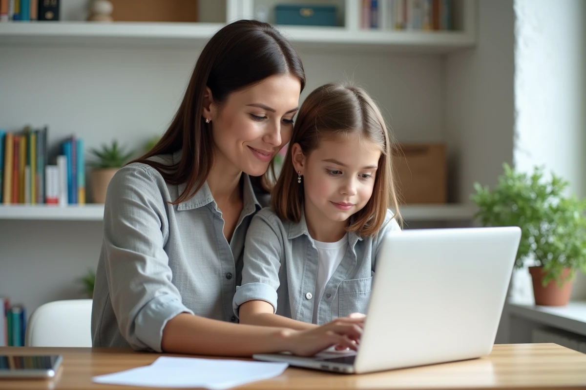 Mère et fille consultant ensemble le tableau de bord de maclasse.fr 2026 sur un ordinateur portable pour la rentrée scolaire