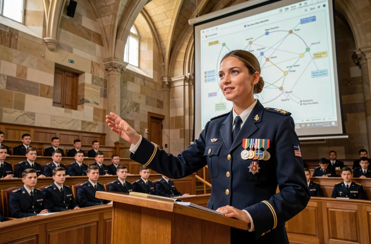 Officière instructrice de Saint-Cyr dispensant un cours magistral dans un amphithéâtre militaire historique