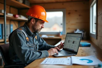 Ouvrier BTP consultant les prix d'une formation professionnelle en ligne depuis un bureau de chantier