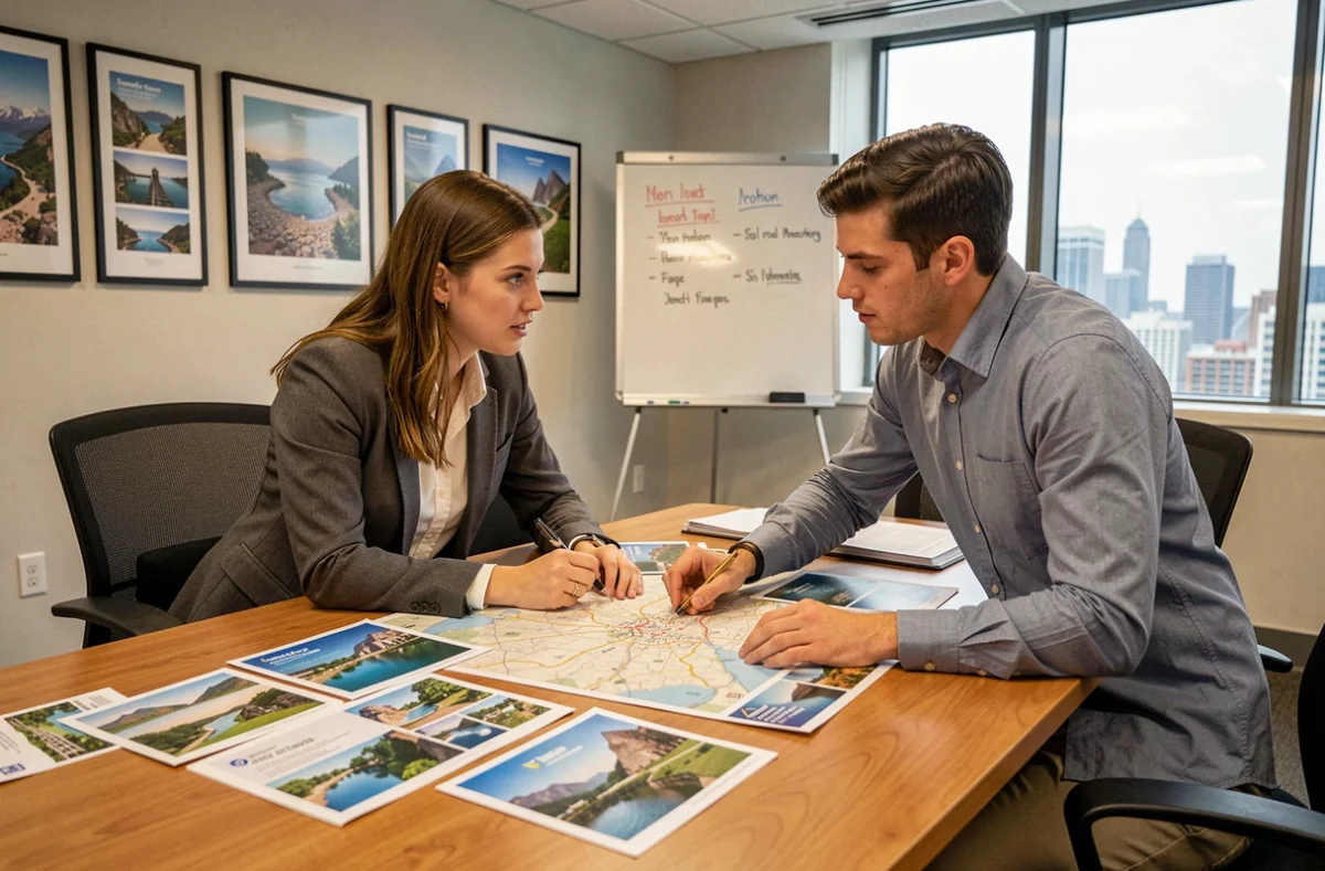 Deux jeunes professionnels du tourisme collaborant sur un projet dans un office de tourisme