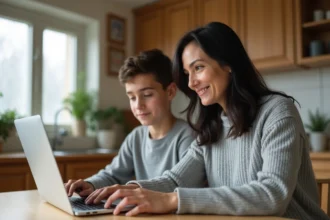 Une mère et son fils adolescent regardent ensemble un portail universitaire sur un ordinateur portable dans une cuisine familiale