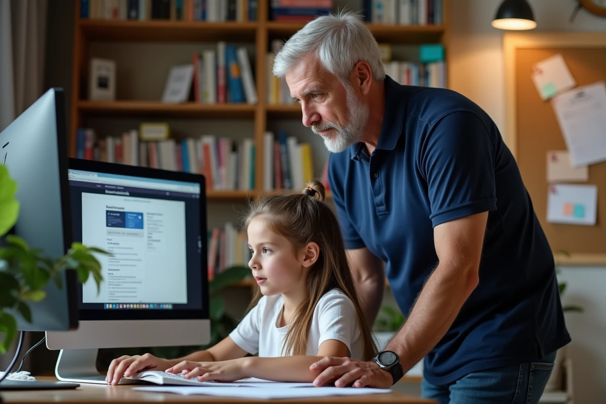 Un père observe sa fille étudiante naviguer sur le portail de connexion de l'université d'Angers depuis un bureau à domicile