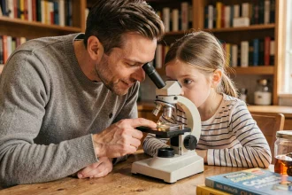 Père et fille utilisant ensemble un microscope familial sur une table en bois à la maison