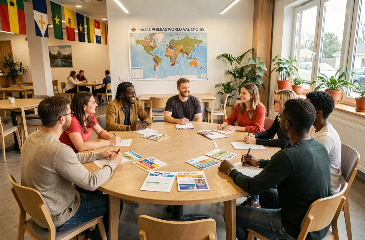 Groupe d'apprenants adultes internationaux en atelier interculturel chez Phileas World Val d'Oise