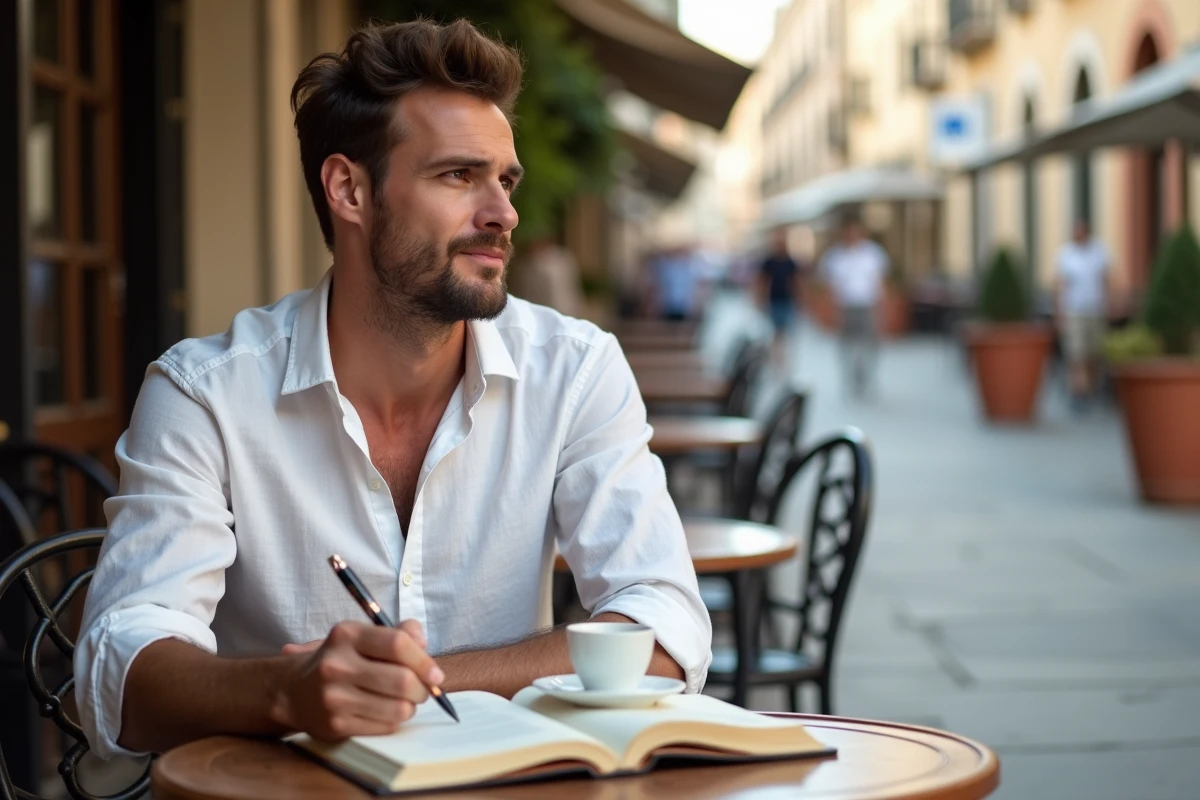 Homme pratiquant le conditionnel présent espagnol en terrasse de café avec un cahier d'exercices et un café