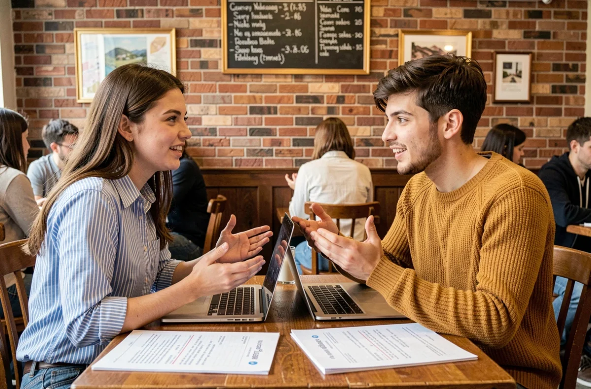 Deux étudiants pratiquant le futur en espagnol ensemble dans un café avec des exercices de grammaire
