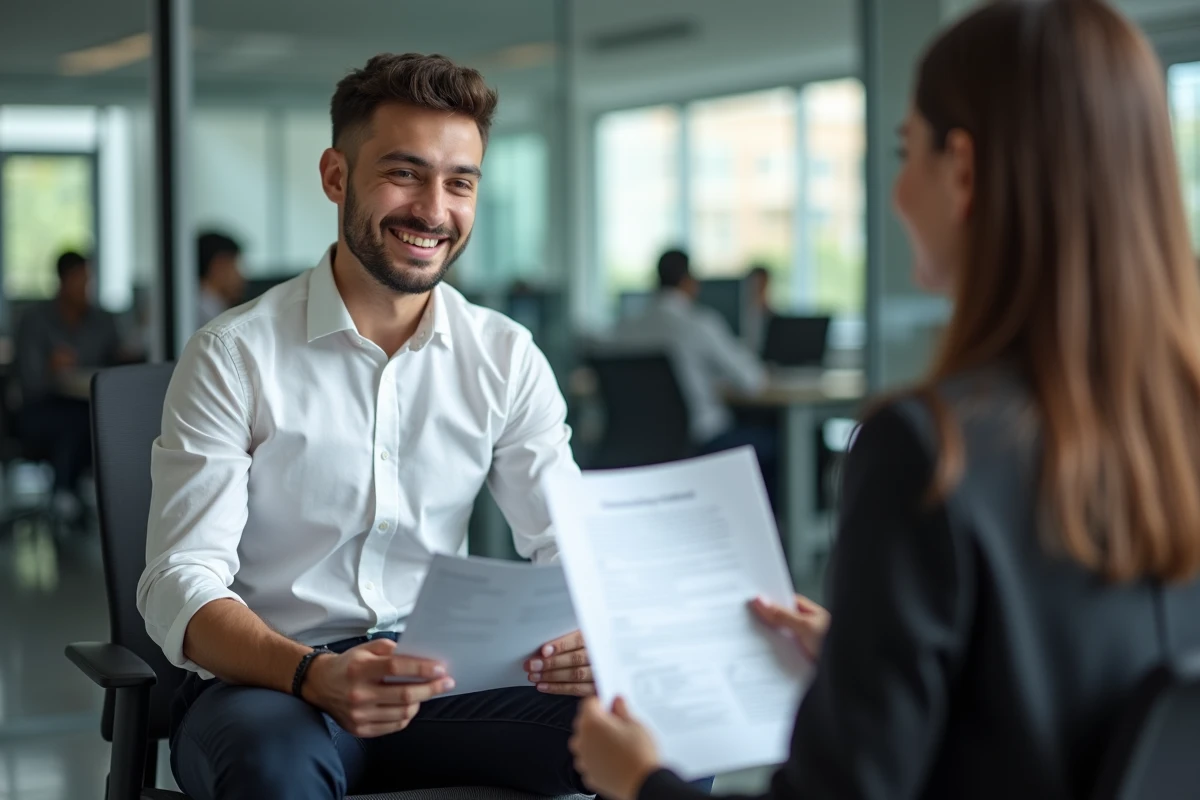 Jeune homme lors d'un premier entretien d'embauche dans un bureau moderne après avoir préparé son orientation professionnelle