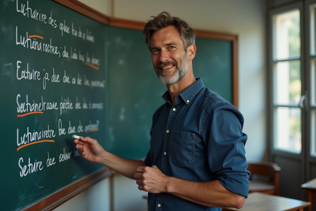 Professeur de français expliquant l'analyse d'une strophe de six vers au tableau d'une salle de classe