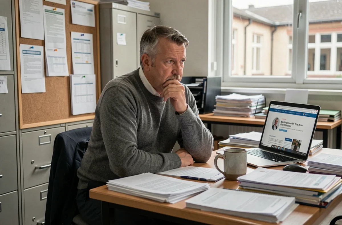 Professeur pensif assis à son bureau encombré de documents administratifs, symbolisant les incertitudes autour de la réforme du Pacte enseignant