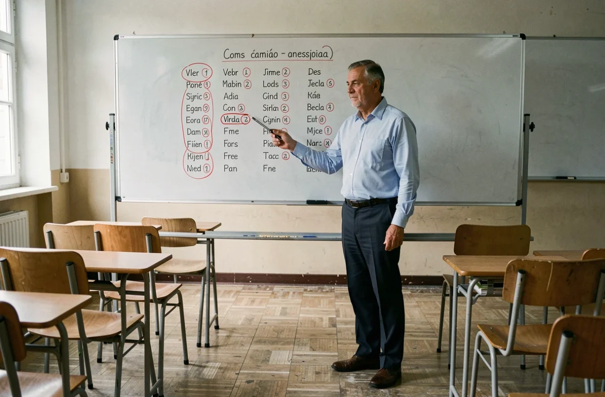 Professeur d'espagnol montrant des erreurs de conjugaison sur un tableau blanc en salle de classe