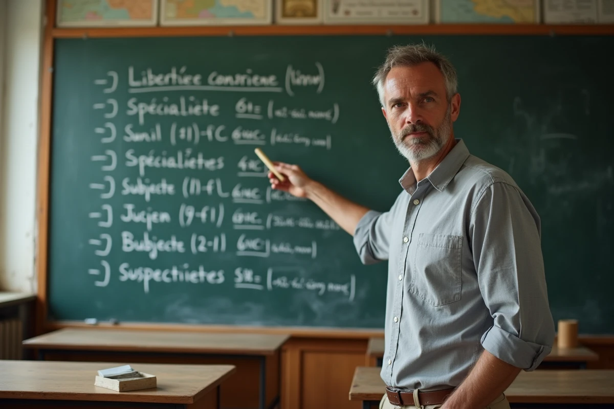 Professeur de philosophie expliquant les coefficients des spécialités du baccalauréat devant un tableau noir