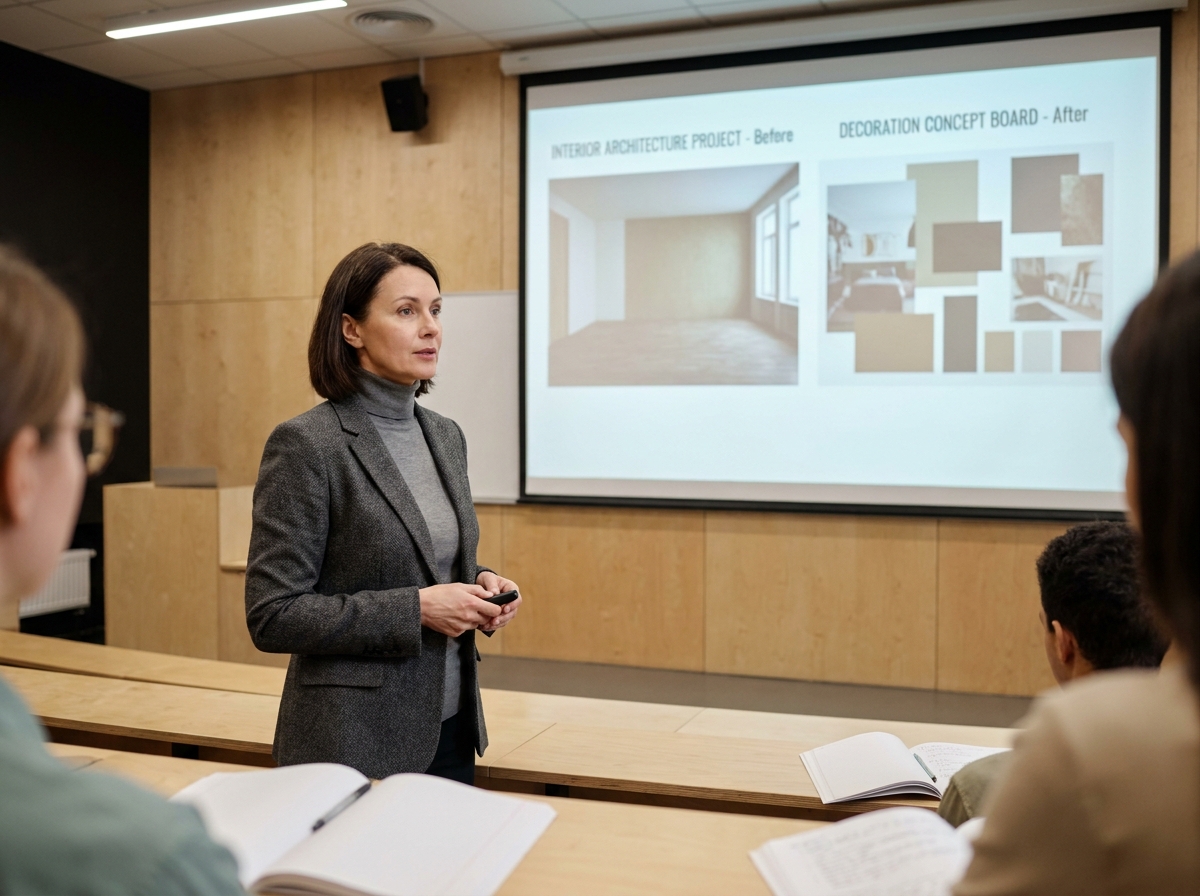 Professeure présentant les différences entre architecture d'intérieur et décoration dans un amphithéâtre d'école de design