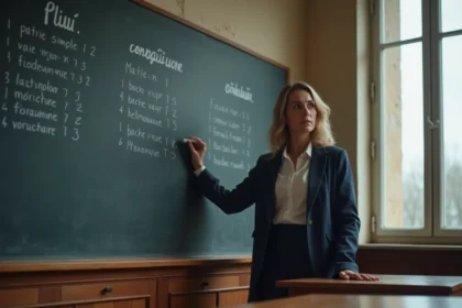 Professeure de français devant un tableau noir avec la conjugaison du verbe connaître au passé simple écrite à la craie