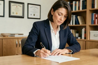 Professeure rédigeant une lettre de recommandation pour une école de commerce à son bureau universitaire