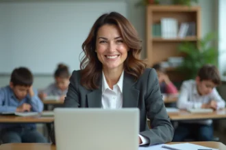Professeure souriante travaillant sur un ordinateur en classe